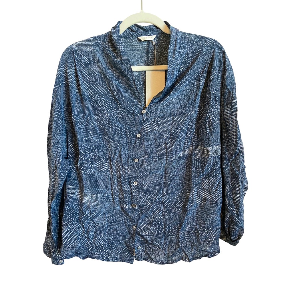 Poetry London 100% Silk Blouse Navy Blue Geometric Print Button Down US 6